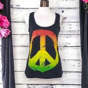 Mighty Fine Women's Red Yellow Green Peace Sign Racer Back Gray Tank Top…